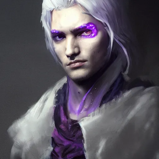 Prompt: portrait of a young man with glowing purple eyes, silver hair, wearing a black cloak, concept art, cinematic lighting, detailed face, highly detailed, painting by greg rutkowski