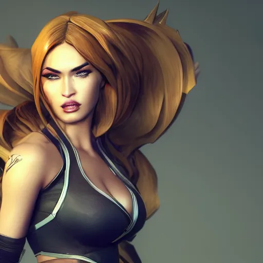 Image similar to action shot of megan fox as cailtlyn ( league of legends ). 3 d octane render trending on art station, very detailed