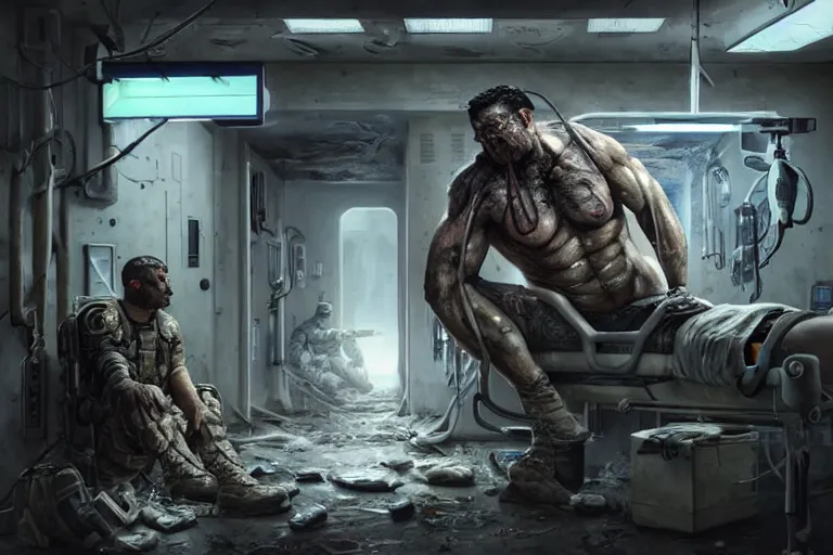 Image similar to Ultra realistic illustration, a hefty damaged male soldier cyborg being patched up in a run down underground military medical bay with medical equipment hanging from ceiling, holographic display panels in background, rugged face, muscle body with battle scars, cyberpunk, sci-fi, fantasy, intricate, elegant, highly detailed, digital painting, artstation, concept art, smooth, sharp focus, illustration, dramatic lighting, art by Syd Mead and Giger