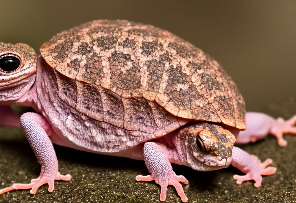 Prompt: Photo of a lone young New Zealand pink gecko tortoise looking at the camera, cute, nature photography, National Geographic, 4k, award winning photo