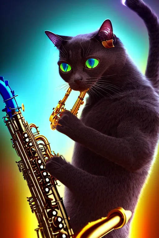 Image similar to high quality 3 d render very cute cyborg cat plays saxophone, cyberpunk highly detailed, unreal engine cinematic smooth, in the style of blade runner & pixar, hannah yata charlie immer, moody light, low angle, uhd 8 k, sharp focus