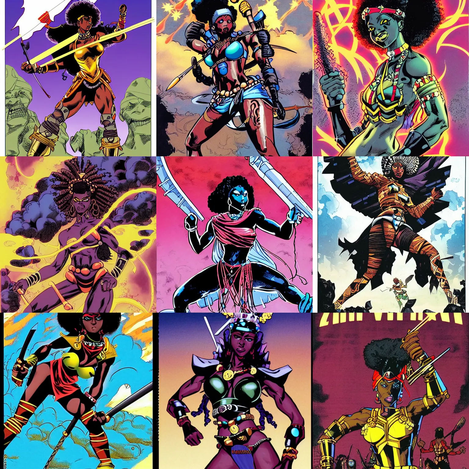 Prompt: epic composition comic book manga cover art illustration of an afro futuristic Zulu warrior queen fighting on the front lines, high energy, by Brian Stelfreeze and Mike Mignola and Dwayne Mcduffie