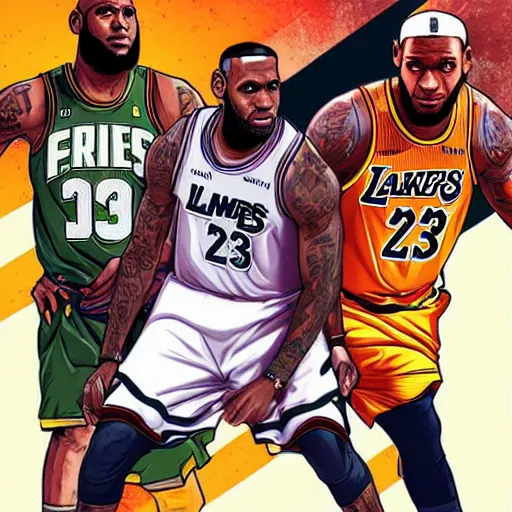 Prompt: lebron james, gta v cover art, art by stephen bliss