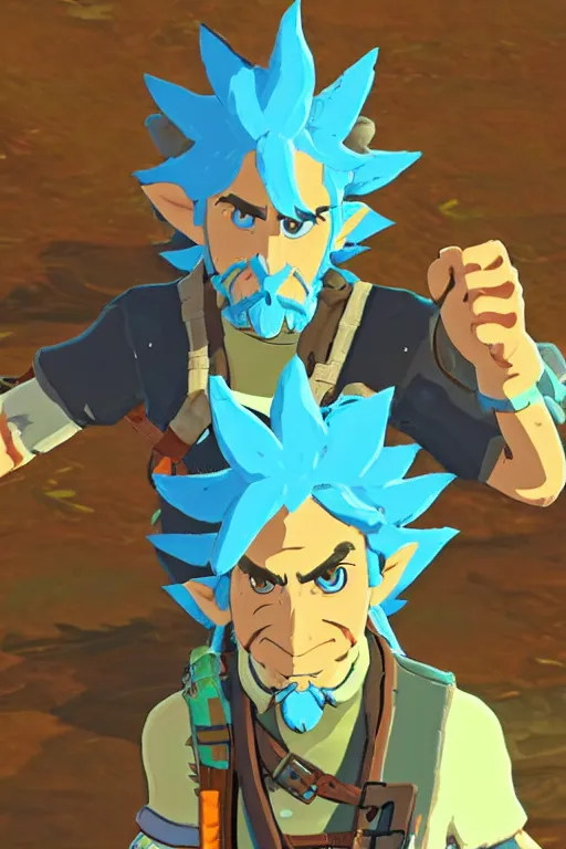 Image similar to an in game portrait of rick sanchez from the legend of zelda breath of the wild, breath of the wild art style.