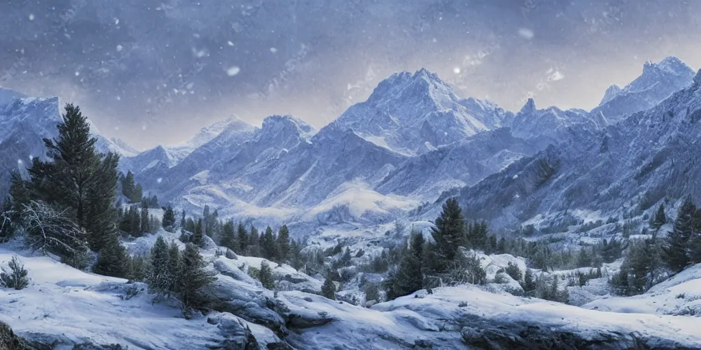 Image similar to great mountains snowing landscape, 16k