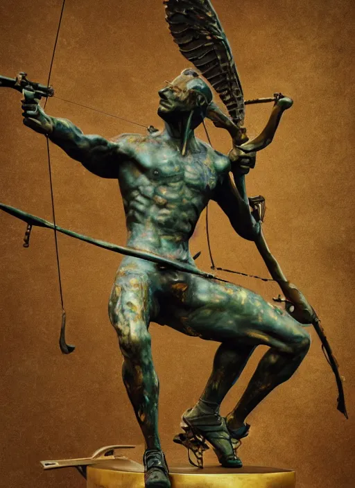 Image similar to An epic fantastic realism comic book style painting of a distressed bronze archery sculpture from the future by Stanislaw Szukalski, beautiful colorful flowers rain down, gilded marbled paper background, winged archer, fisheye lens, unreal 5, DAZ, hyperrealistic, octane render, dynamic lighting