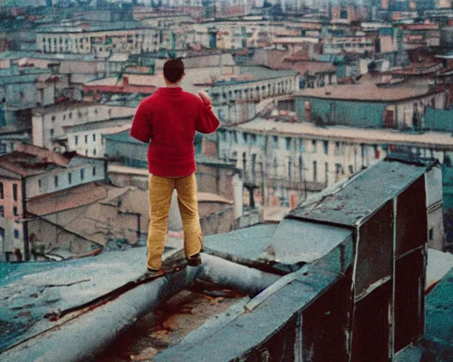 Image similar to lomo photo of man standing on the roof of soviet hrushevka, small town, cinestill, bokeh, out of focus