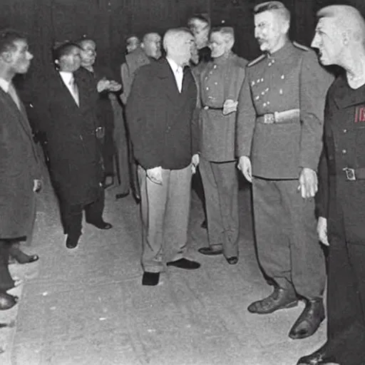 Prompt: an old world war 2 photograph of stalin shaking hands with kanye west