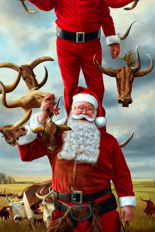 Image similar to Redneck Santa with flying Longhorns, oil on canvas, intricate, portrait, 8k highly professionally detailed, HDR, CGsociety