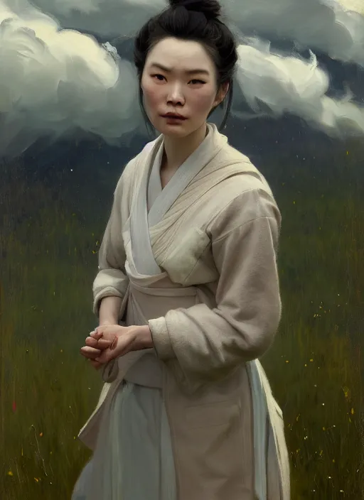 Prompt: portrait of Nezuko, countryside, calm, fantasy character portrait, dynamic pose, above view, sunny day, thunder clouds in the sky, artwork by Jeremy Lipkin and Giuseppe Dangelico Pino and Michael Garmash and Rob Rey, very coherent asymmetrical artwork, sharp edges, perfect face, simple form, 100mm