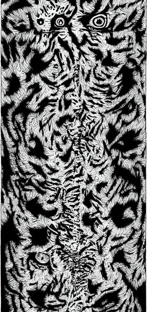 Image similar to tony the tiger dissolving into neon cereal pieces, cubensis, basil wolverton, r crumb, hr giger, mc escher, dali