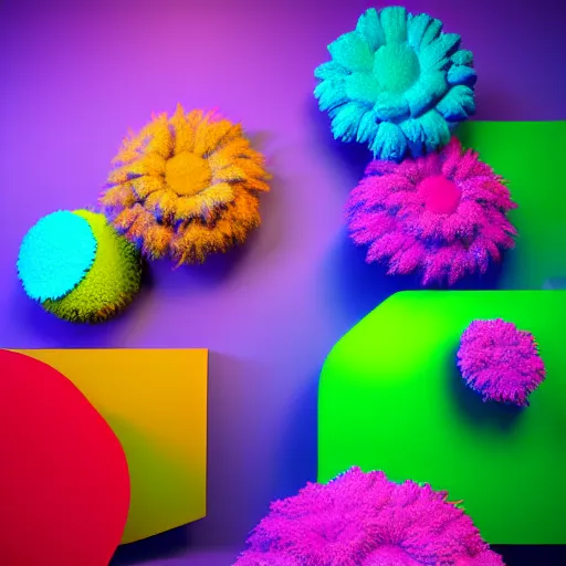 Image similar to : colorful abstract puffy floral sculpture art on the wall in modern architecture studio, meow wolf, cinematic lighting, hyper - realistic, detailed, render by c 4 d octane, unreal engine, 8 k 3 d render