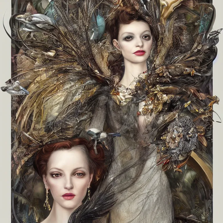 Image similar to 3d character render of anna taylor-joy in the bergdorf goodman windows, veiled, avian-inspired,by tom bagshaw and Inge Prader and Billelis and aaron horkey and peter gric,trending on pinterest,GUCCI,DIOR,highly detailed,maximalist,glittering,feminine