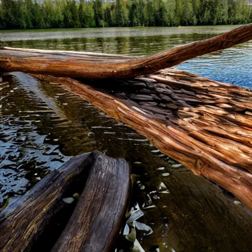 Image similar to primitive wooden dock on a lake coast with primitive rowboats docked at it, bushcraft, made of logs