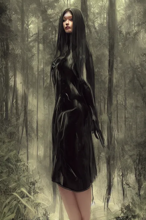 Prompt: woman in a dress in a forest, detailed black latex dress, beautiful model girl face, white hair, by jeremy lipking, by yoshitaka amano, by artgerm, digital art, octane render, vector art