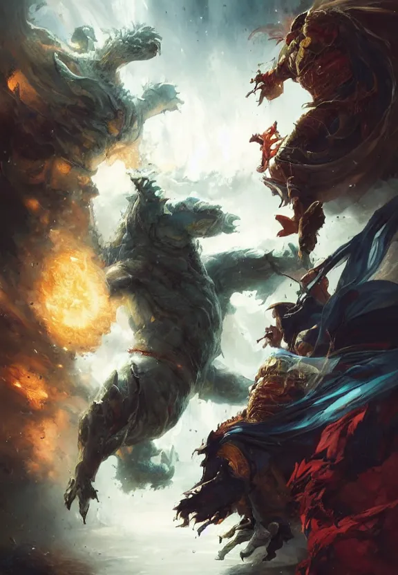 Image similar to a dynamic fight between a colossal white obese monstrosity and a medieval sorcerer, colourful, by by artgerm and greg rutkowski and ruan jia