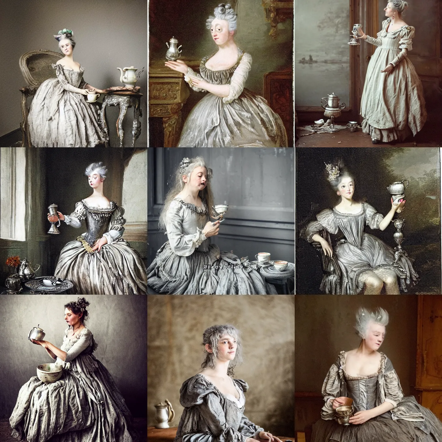 Prompt: A messy, silver haired, (((mad))) princess from the 18th century, dressed in a ((ragged)), dirty, ((18th century silver wedding dress)), is ((drinking a cup of tea)), in her right side is a porcelain tea set. Everything is in underwater (precious, scarry castle). mystical, atmospheric, greenish blue tones, water, seaweed and bubles, dreamlike, atmospheric, (((underwater lights))), underwater, fantasy concept art by Monet, Henry Meynell Rheam, John Everett Millais, and, Josep Tapiró Baró and
