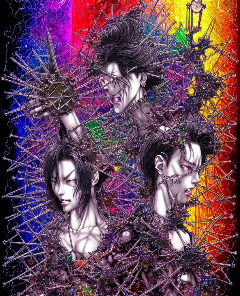 Prompt: realistic detailed image of ultra wrathful rainbow diamond nightmare scientist mega hellraiser depth perception depth of field action horror masterpiece neo - gothic gothic rich deep colors art by yoshitaka amano by yukito kishiro by yoshiyuki sadamoto by artgerm by hajime sorayama