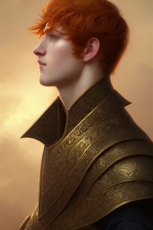 Image similar to a portrait of a ginger male prince, side profile, illustration, soft lighting, soft details, dark mood, painting oil on canvas by Edmund Blair Leighton and Charlie Bowater octane render trending on artstation d&d characters, 4k, 8k, HD