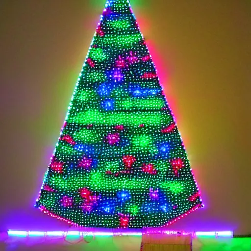 Prompt: a christmas tree made out of neon lights in a dark room