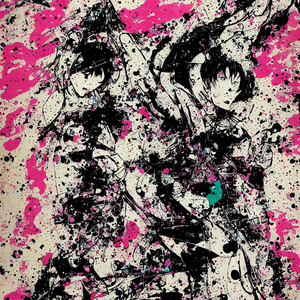 Image similar to girl figure, abstract, jet set radio artwork, ryuta ueda artwork, cryptic, rips, spots, asymmetry, stipple, lines, glitches, color tearing, pitch bending, stripes, dark, ominous, eerie, hearts, minimal, points, otomo katsuhiro artwork, technical, natsumi mukai artwrok, folds