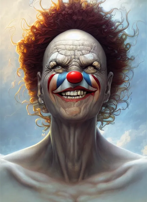 Image similar to too friendly clown, centered, digital painting, smooth, sharp focus, illustration, artgerm, tomasz alen kopera, peter mohrbacher, donato giancola, joseph christian leyendecker, wlop, frank frazetta