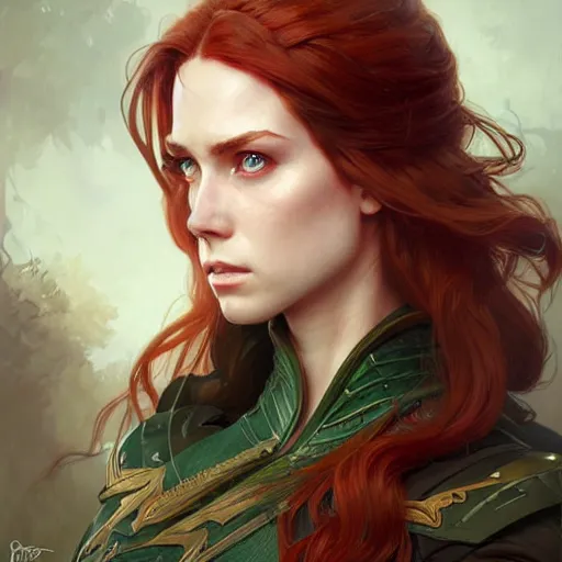 Prompt: Portrait of serious female ranger, D&D, green eyes, face, long red hair, fantasy, intricate, elegant, highly detailed, digital painting, artstation, concept art, smooth, sharp focus, illustration, art by artgerm and greg rutkowski and alphonse mucha