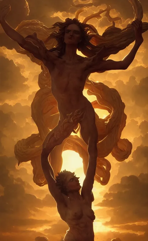 Prompt: four armed statue of a demon of the sun ascending from hell, four arms, dramatic lighting, flowing tendrils, artstation, concept art, smooth, sharp focus, illustration, art by artgerm and greg rutkowski and william adolphe bouguereau and john william waterhouse and gianlorenzo bernini