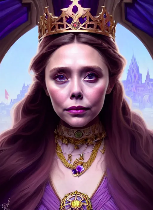 Prompt: portrait of elizabeth olsen as a queen, throne, jewelry, greek, amethyst, intricate, headshot, highly detailed, digital painting, artstation, concept art, sharp focus, cinematic lighting, illustration, art by artgerm and greg rutkowski, alphonse mucha, cgsociety