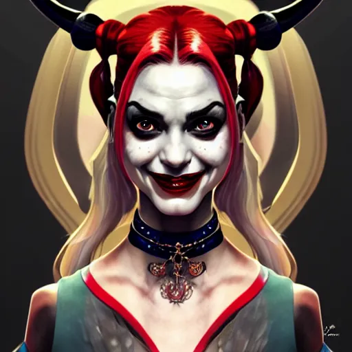 Image similar to Character Portrait of Harley Quinn, face, fantasy, intricate, elegant, highly detailed, digital painting, artstation, concept art, smooth, sharp focus, illustration, art by Cynthia Shephard and Fernanda Suarez and Artem Demura and alphonse mucha