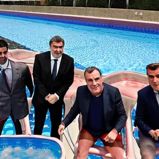 Image similar to florentino perez, laporta and tebas swimming in a pool full of money