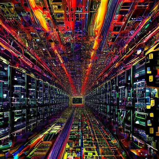 Image similar to diverse groups of humans destroying the supercomputers inside, breaking circuits, smashed, fire, smoke, from behind, rebirth, beauty, wide angle, elaborate, wet, highly detailed, colors, beautiful lighting