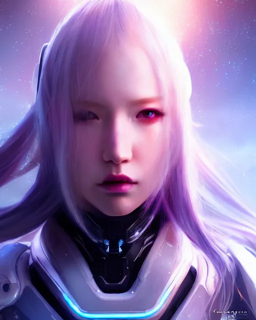 Image similar to perfect android girl on a mothership, warframe armor, beautiful face, scifi, futuristic, galaxy, nebula, bae suzy, dreamy, long white hair, blue cyborg eyes, sharp focus, cinematic lighting, highly detailed, artstation, divine, by gauthier leblanc, kazuya takahashi, huifeng huang