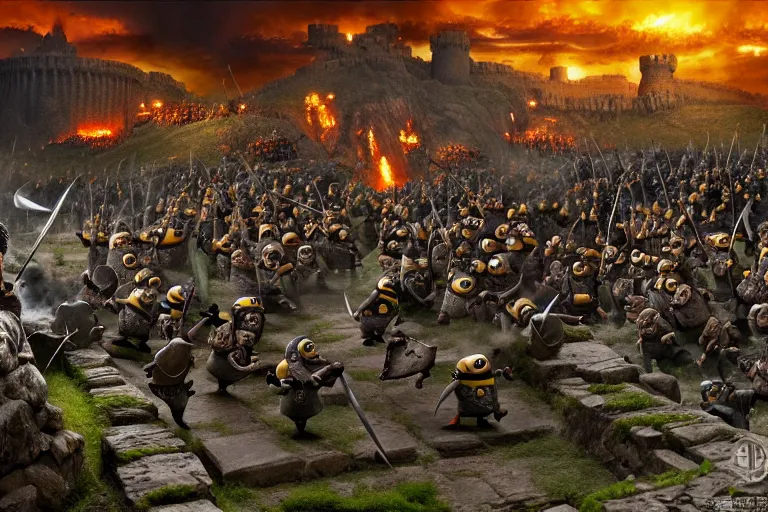 Image similar to diorama of minions fighting orcs in the battle of helm's deep, giant castle walls, realistic, 4 k, detailed, atmospheric, cinematic lighting