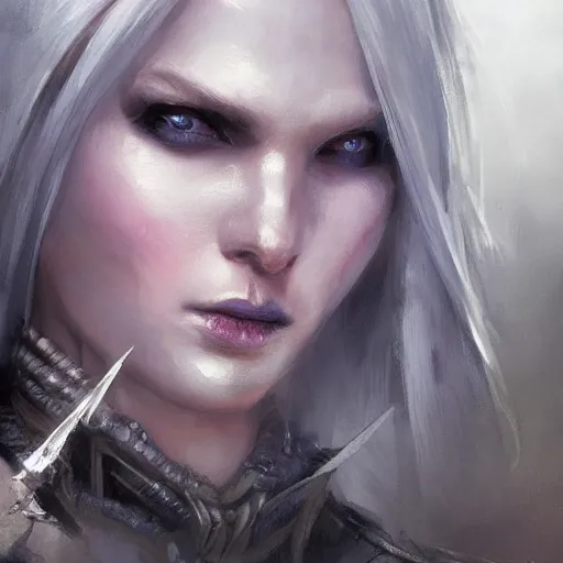 Image similar to closeup portrait of drow, dungeons and dragons character, dramatic lighting, castle background, gorgeous view, realistic, high detail, digital art, painted by greg rutkowski, painted by jeremy mann, trending on artstation
