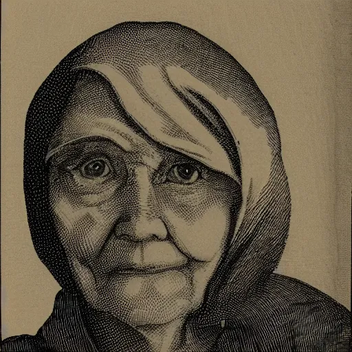 Image similar to a black and white grainy photograph in sepia tone of an old woman with a deeply lined face