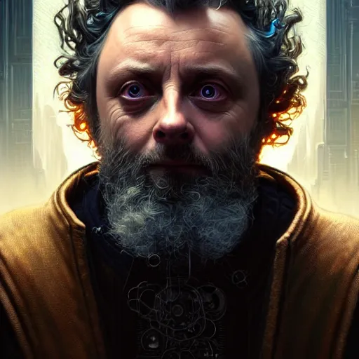 Image similar to portrait painting of a cyberpunk dwarf mage michael sheen, ultra realistic, concept art, intricate details, eerie, highly detailed, photorealistic, octane render, 8 k, unreal engine. art by artgerm and greg rutkowski and charlie bowater and magali villeneuve and alphonse mucha