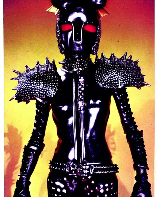 Prompt: portrait of a skinny punk goth yayoi kusama wearing armor by simon bisley, john blance, frank frazetta, fantasy, thief warrior, colourful fur!!