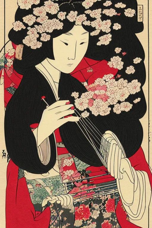 Image similar to portrait of a long haired woman wearing a red kimono playing a biwa in traditional japanese house, delicate, detailed long black hair, detailed flower pattern kimono, elegant, anime key visual, fukaya yuichiro