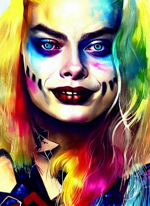 Prompt: closeup portrait of beautiful suicide squad happy margot robbie with long white hair that looks like harley quinn, glamour pose, watercolor, style by simon bisley, ismail inceoglu, wadim kashin, filip hodas, benedick bana, and andrew atroshenko.