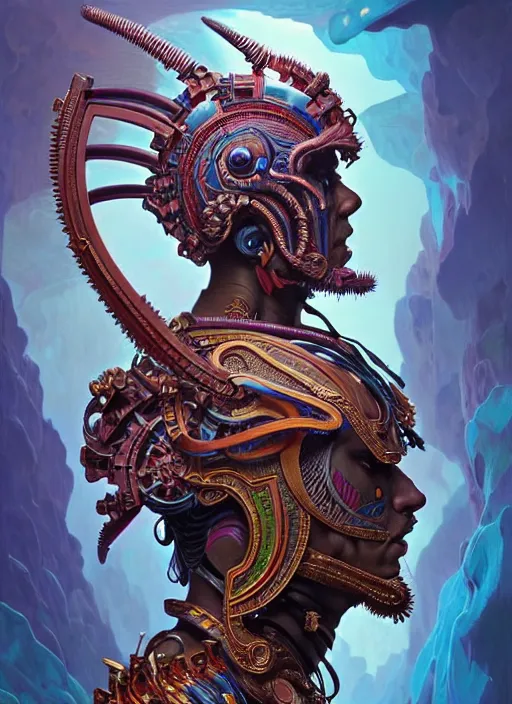 Image similar to hyper detailed ultra sharp of a ancient biomechanical warrior trance man. trending on artstation, warpaint aesthetic, earthwave, colorful, psychedelic, ornate, intricate, digital painting, concept art, smooth, sharp focus, illustration, art by artgerm and greg rutkowski and alphonse mucha, 8 k