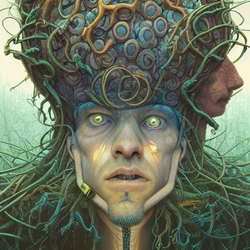 Image similar to fungus labyrinth mohawk projector portrait by gaston bussierre and charles vess and james jean and erik jones and rhads, inspired by rick and morty, epic, funny, huge scale, beautiful fine face features, intricate high details, sharp, ultradetailed