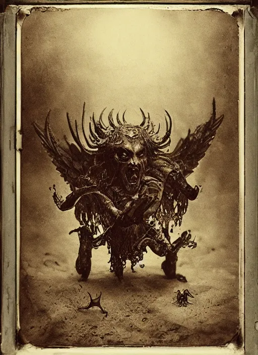 Prompt: old wetplate daguerreotype demons, devil, pain, anger, desolation, angel, explosion of data fragments, fractal, intricate, elegant, highly detailed, parallax, leica, medium format, subsurface scattering, by jheronimus bosch and greg rutkowski and brom
