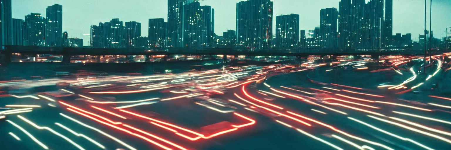 Prompt: 8 0 s neon movie still, high speed blurred traffic by the river with city in background, medium format color photography, movie directed by kar wai wong, hyperrealistic, photorealistic, high definition, highly detailed, tehnicolor, anamorphic lens