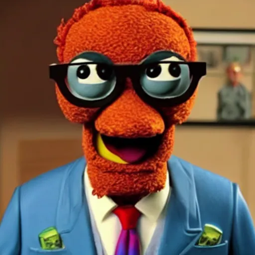 Image similar to gus fring as a muppet, 8 k, 3 d, professional