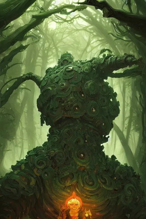 Prompt: malachite golem in a dark forest, cloudy sky, fantasy, intricate, elegant, highly detailed, traditional painting, acrylic painting, artstation, concept art, matte, sharp focus, illustration, hearthstone, art by artgerm and greg rutkowski and alphonse mucha and alex ross