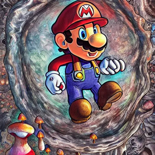 Image similar to a realistic portrait of super mario surrounded by mushrooms by android jones