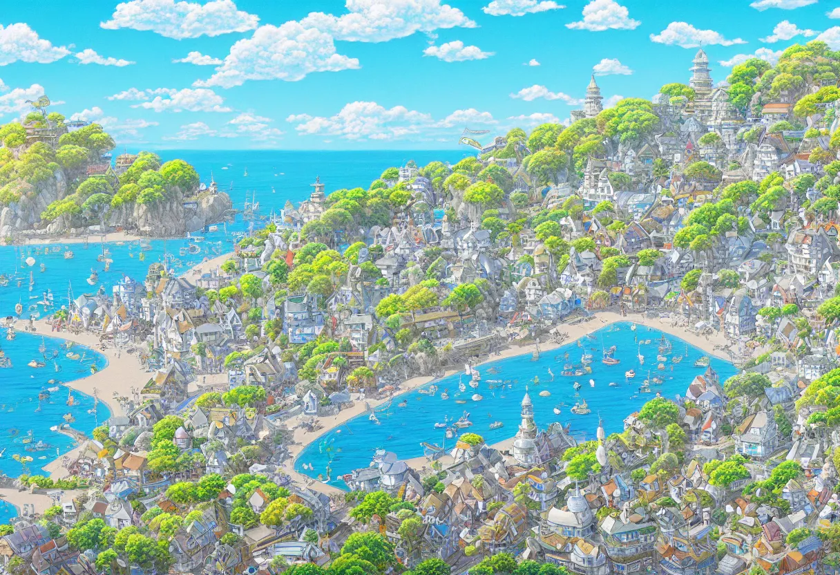 Image similar to a beautiful ultradetailed painting of a seaside town, sunny, studio ghibli sunlight, archdaily, wallpaper, highly detailed, trending on artstation