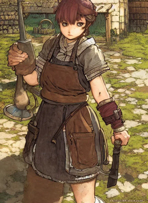 Image similar to character portrait of a blacksmith tomboy at the smithy, hidari, color page, tankoban, 4K, tone mapping, Akihiko Yoshida.