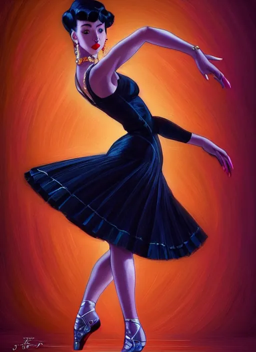 Image similar to a beautiful dancer with black hair in 1950's fashion, ballroom background, intricate, highly detailed, digital painting, artstation, official media, anime key visual, concept art, rich vivid colors, ambient lighting, sharp focus, illustration, art by Artgerm, Makoto Shinkai, Ilya Kuvshinov, Lois Van Baarle, and Rossdraws